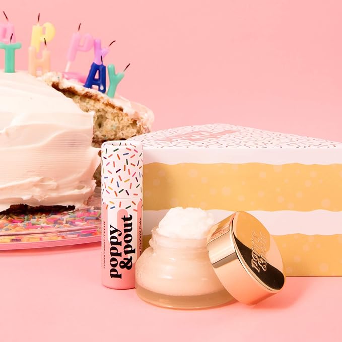 Poppy & Pout Lip Care Set | Lip Balm & Scrub | Sustainable Cardboard Tubes & Glass Jars, All Natural, Beeswax, Coconut Oil, Cruelty Free, Exfoliating & Moisturizing Lip Treatment (Birthday Cake)