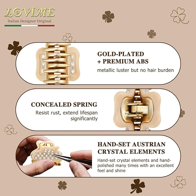 18K Gold Plated Small Claw Clips - 1.7 Inch Cute Rhinestone Hair Clips for Women Girls Thick Thin Hair, Premium French Hair Accessories for Half-Up, Birthday Valentine's Gift for Her, Beige