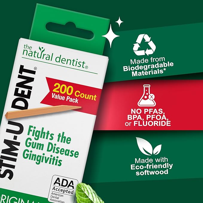 The Natural Dentist Stim-U-Dent Mint Dental Picks, Wooden Toothpicks for Food & Plaque Removal, Refreshing Mint Flavor, Travel-Friendly, 96 Packs of 25 Picks/Pack (600 Picks)