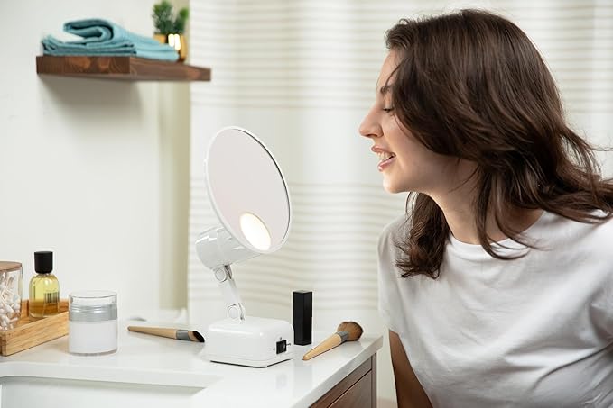 Floxite FL-615-2 15X magnifying mirror with light, Lighted travel makeup mirror with light and magnification, Round, LED, Tabletop, Portable vanity mirror for desk bathroom, electric plug in, personal