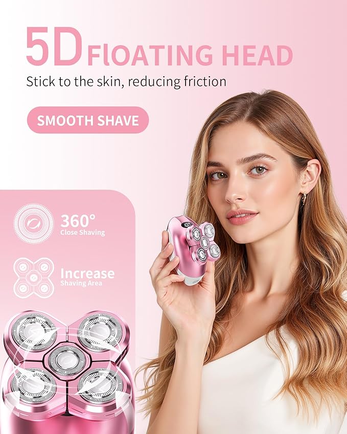 Electric Razors for Women, 5-in-1 Multi-Function Womens Razor with LED Display, Rechargeable Waterproof Electric Shaver, Ideal Travel Trimmer Body Hair Remover for Legs, Face, Armpits &Bikini (Pink)