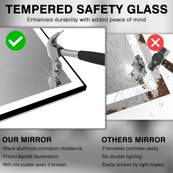 24x36 Bathroom LED Mirror, Black Aluminum Edge Lighted Mirror, 3 Colors Stepless Dimmable Vanity Mirror, Skincare, Anti-Fog, Shatter-Proof, ETL Listed, Memory Smart Mirror(Horizontal/Vertical)