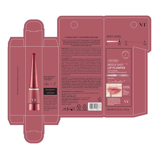 VT COSMETICS Reedle Shot Lip Plumper, Hydrate & Volumize Lip Gloss, Smooth Lip Wrinkles, Korean Lip Plumper, High Shine, Lip Enhancer, Hyaluronic Acid, 0.15 oz. (Usagi Pink)