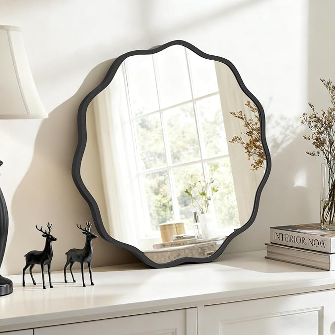 HOMECOOKIN 24 Inch Wavy Round Wall Mirror, Round Wavy Wall Mirror with Aluminum Frame for Bathroom Upgrades, Hotels, Dressing Tables,Farmhouses