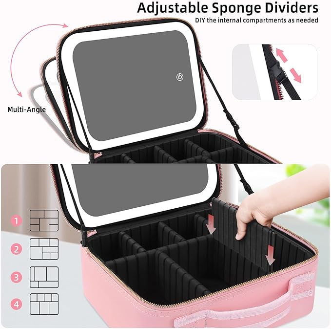 RRtide Makeup Bag with Mirror of LED Lighted, Travel Makeup Train Case Cosmetic Bag Organizer with Mirror and Lights, Make up Bag with Light up Mirror Adjustable Divider Brush Board