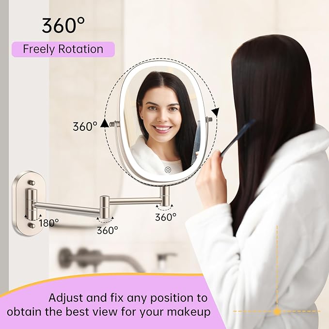 FUNTOUCH Wall Mounted Makeup Mirror,Rechargeable 7X/1X Double Sided Touch Switch Rectangle Oval Wall Mounted Magnifying Mirror with Light, 3 Color Setting,Extended Arm 360°Foldable, Nickel