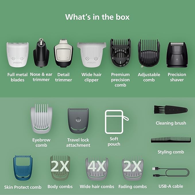Philips Norelco All-in-One 7000 Series 22-Piece Trimmer - Electric Shaver and Clipper for Face, Beard, Head & Body, Self-sharpening Full Metal Blades, 28 Length Settings (0.5-16 mm), MG7975/49