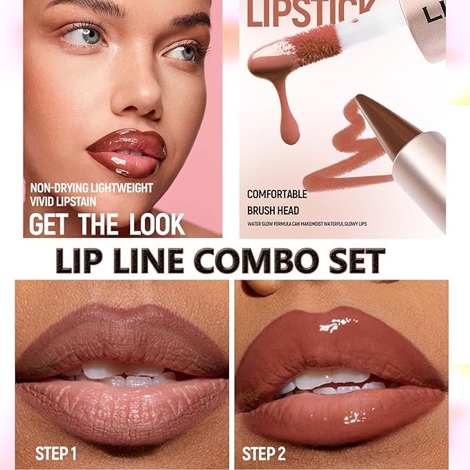 Brown Back Lip Liner and Gloss Set, Plumping Lipgloss Lip Combo Sets for Black Women,Lip Kit with Lip Liner and Gloss, Long Lasting High Pigmented Lip Kit, Waterproof Lip Combo Makeup #2