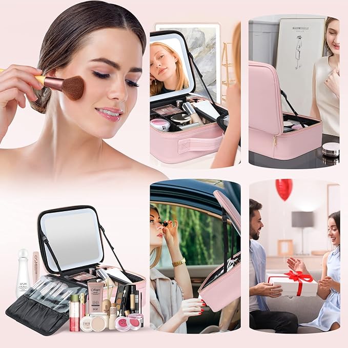 Gdsshuhung Makeup Bag with Mirror | Partitionable Professional Makeup Organizer | Large Travel Makeup Bag for Women | Cosmetic Case for Daily & On-the-Go Use (Pink)