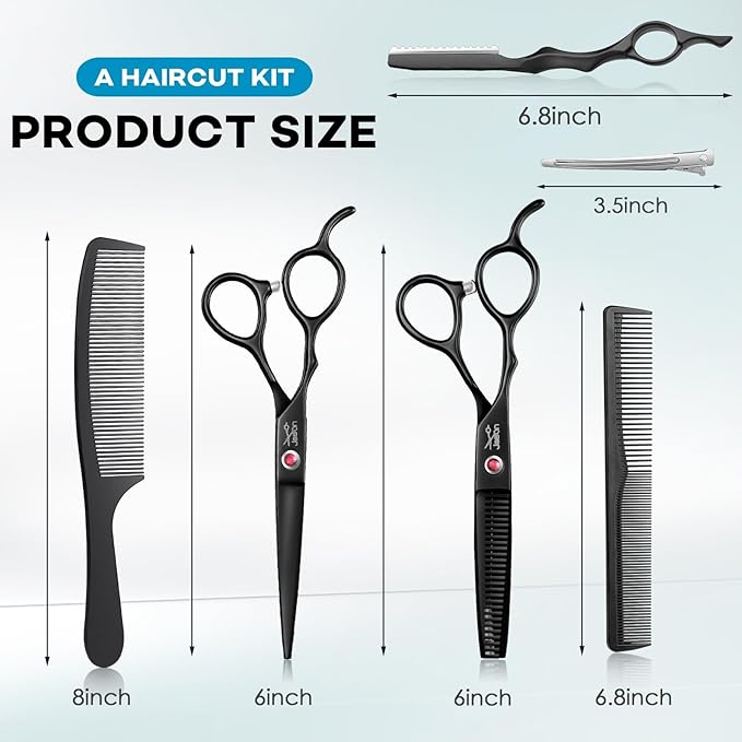 JASON Left Handed Hair Scissors - 10 Pcs Hair Scissors Set, 6 Inch Thinning Shears for Hairs Cutting with 30 Teeth, Professional Straight Shear for Men & Women Barber Set for Home Salon Black Gift