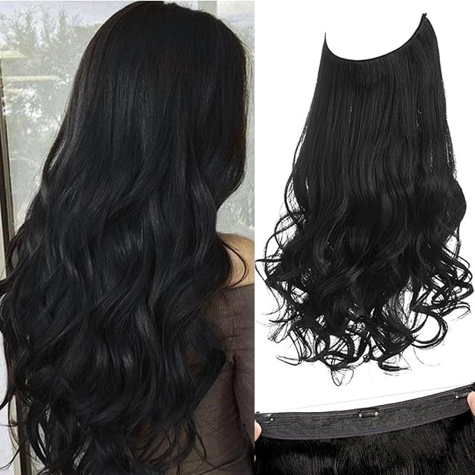 SARLA Invisible Wire Hair Extensions with 3 Clips Long Synthetic Wavy Curly Hairpiece Adjustable Transparent Headband for Women 18 Inch Jet Black