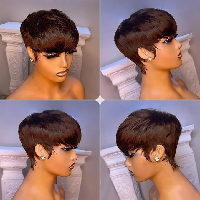 Pixie Cut Wig For Black Women Brazilian Virgin Human Hair Short Blonde Hair Straight Layered Full Machine Made Non Lace Front Glueless Wig 4#