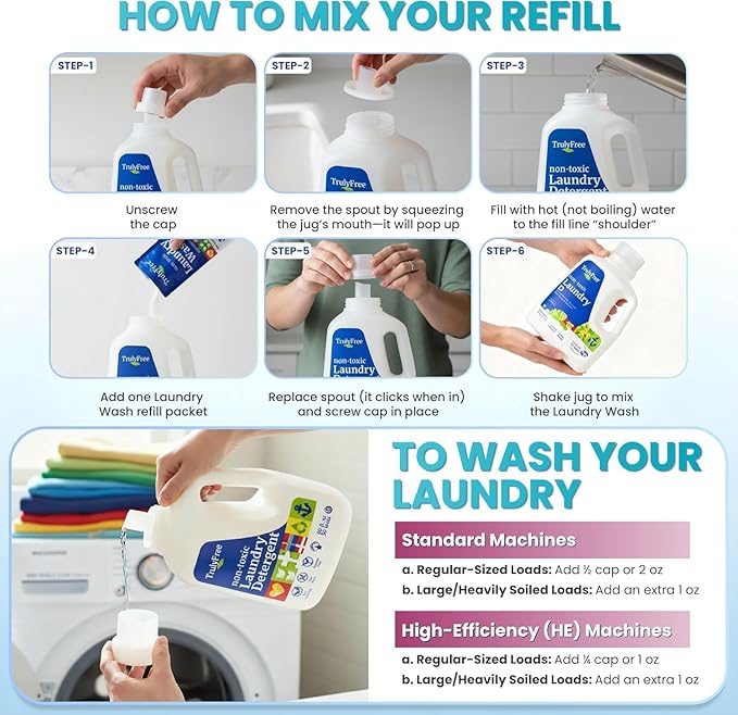 Truly Free Natural Laundry Detergent for Sensitive Skin | Eco Friendly, Plant Based, Baby Clothes Safe | Clean & Easy Powder to Liquid, 6 Pack Refill Detergent, NO Jug | Signature Scent, 300 Loads