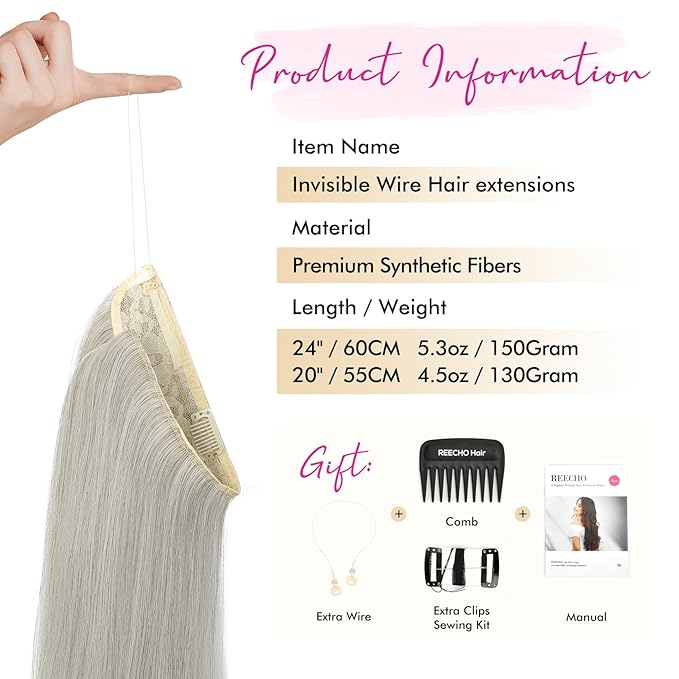 REECHO Invisible Wire Hair Extensions with Transparent Headband Adjustable Size Removable Secure Clips in Straight Secret Hairpiece for Women (20 Inch (Pack of 1), Grey/Brown/Silver/White Mixed)