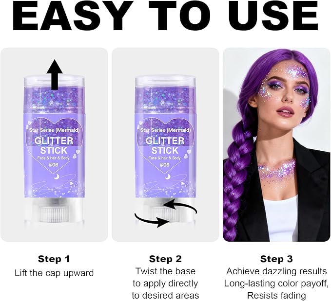 Purple Body Glitter Stick, Sparkling Hair Glitter for Kids and Women, Waterproof Face Hair and Body Glitter Makeup, Rave Accessories Carnival Chunky Sequins