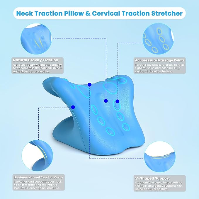 Neck Stretcher Cervical Traction Device, Neck Hump Corrector for TMJ Pain and Shoulder Pain Relief, Neck and Shoulder Relaxer, Ergonomic Pain Pillow for Spine (Blue)