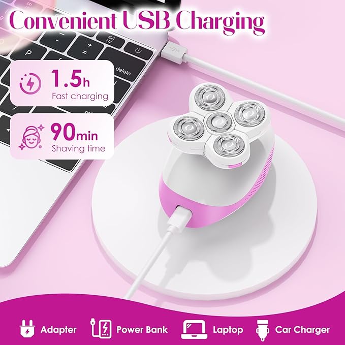 Electric Razors for Women,Rechargeable Body Shaver, Wet and Dry Use, Cordless Electric Razor Hair Remover Anti-Slip Lady Trimmer for Women's Leg, Hand, Bikini and Face Sensitive Skin (5 Head-Rose)