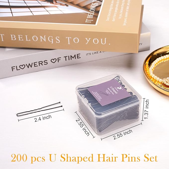 U Shape Bobby Pins in Case - 200pcs Black Hair Pins Clips Bulk for Women - 2.4" Large Strong Hold Bun Pins for Thick/Curly/Straight Hair - Hair Accessories for Styling, Updos, Wedding, Daily Use
