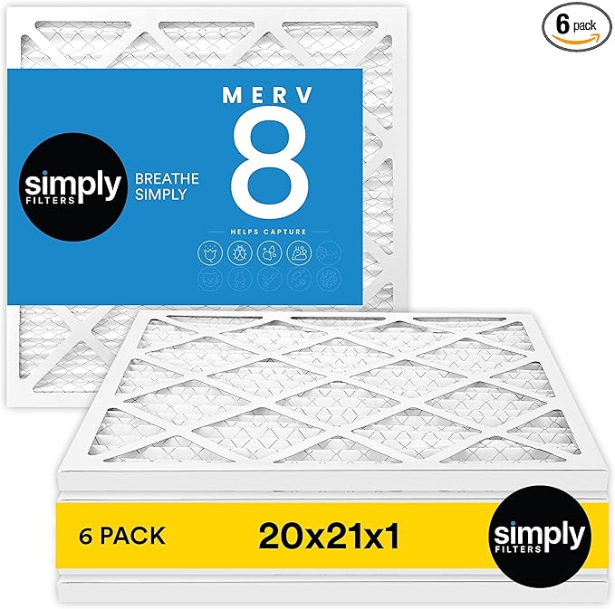 Simply 20x21x1 Air Filter, Merv 8, 6 Pack, For Home AC Furnace & HVAC (Actual Size: 19.75"x20.75"x0.75") DUST, Pet, & Allergy Control