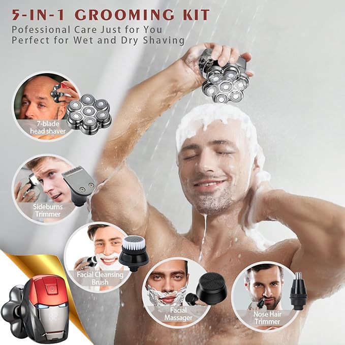 Head Shavers for Bald Men Upgraded Detachable Magnetic Head Shaver - IPX7 Waterproof Wet or Dry Electric Razor for Men - 7D LED Display Rechargeable Shaving Grooming Kit with Type-C Charge