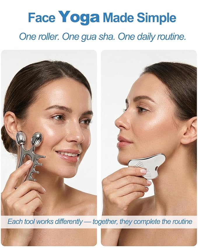 Yeamon Gua Sha Facial Tools, 3-in-1 Gua Sha & Roller & Comb Set, Upgraded No-Slip Textured Guasha, Metal Lymphatic Drainage Massager for Skin Tightening & Face Sculpting, Skincare Gift for Women
