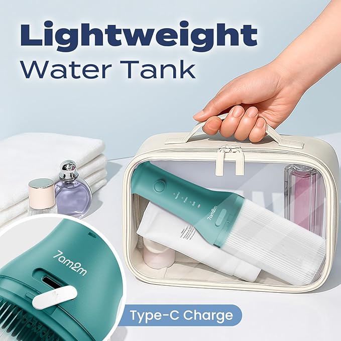 7AM2M Portable Cordless Water Flosser, Oral Irrigator with 3 Modes & 2 Tips, Fast Rechargeable, IPX7 Waterproof, Dental Water Flosser for Travel and Home Use (Peacock Green)