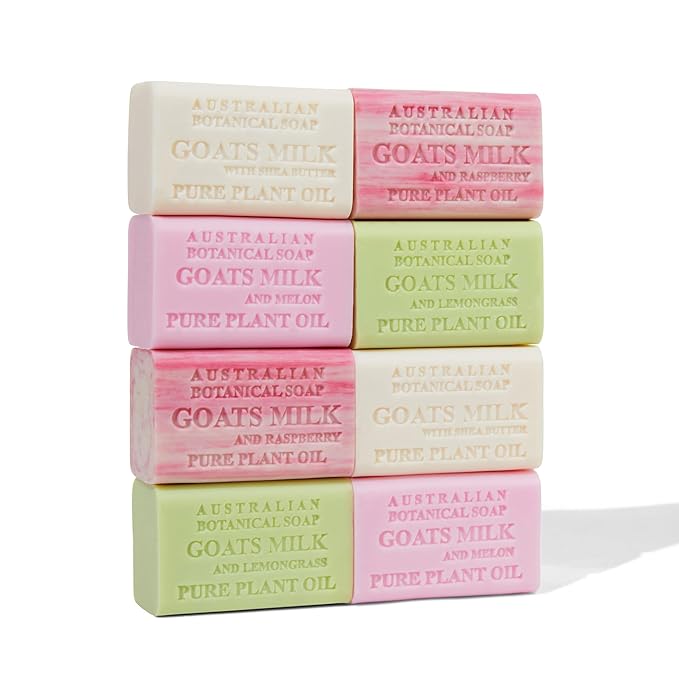 Australian Botanical Soap Goat Milk Soap Collection, 6.6 oz Bars, Goats Milk with Shea, Pink Melon, Lemongrass, and Raspberry, Enriched with African Shea Butter, 2 Bars of Each - Variety Pack of 8