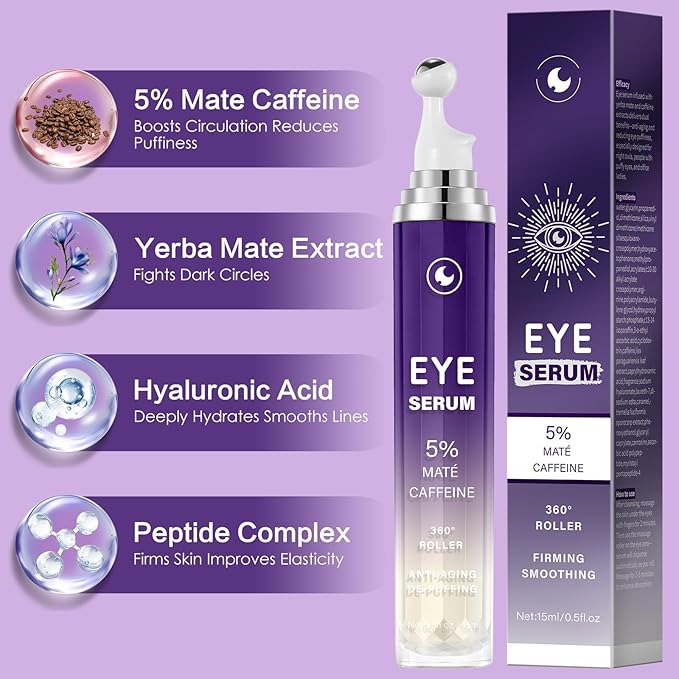 YAFUSIPE Caffeine Eye Serum for Puffy Dark Circles, Instant Depuffing Under Eye Treatment Anti-Aging Firming Undereye Serum with Roller for Wrinkles Bags Fine Lines Brightening Christmas 0.5 Floz