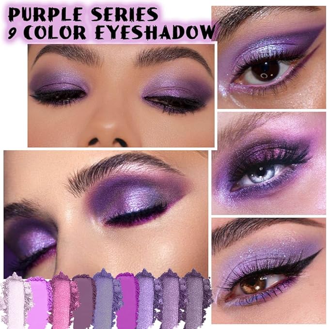 AMY'S DIARY Deep Light Purple Matte Shimmer Eye Shadow Palette Makeup,Eyeshadow Long Lasting Waterproof Cruelty-Free, 9 Blendable Shades in Smooth with Gorgeous Pearls for Girls (Purple palette)