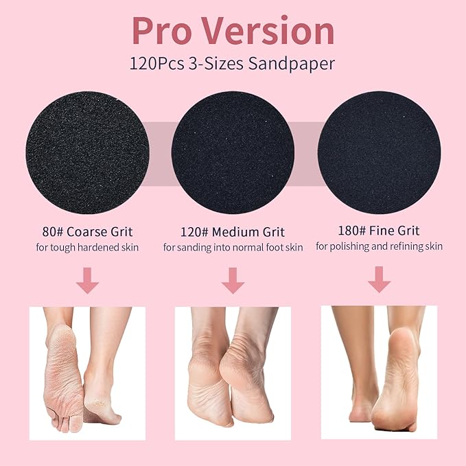 4.8IN Longer Electric Foot Callus Remover with 120pcs Sandpaper Discs, Professional Aluminum Callus Remover for Feet, Stepless Speed Control Pedicure Tools for Dead Skin (Pink-pro)