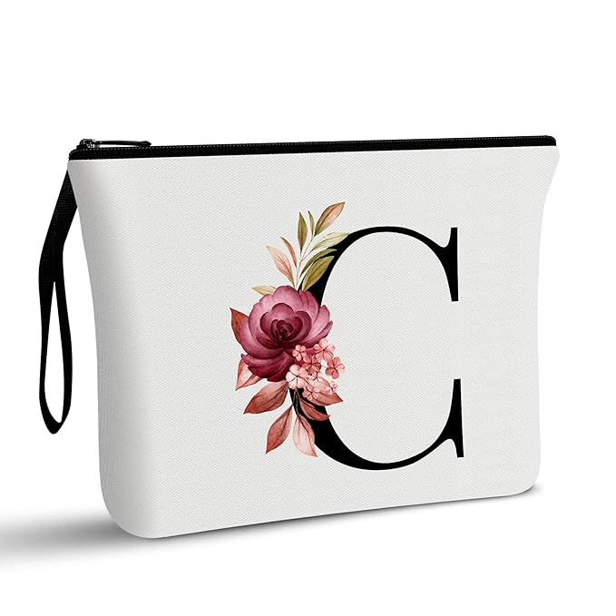 Vavabox A-Z Personalized Makeup Bag, Birthday Gifts for Women Mom, Gifts for Best Friend, Bride Bridesmaid Cosmetic bag (C, White)