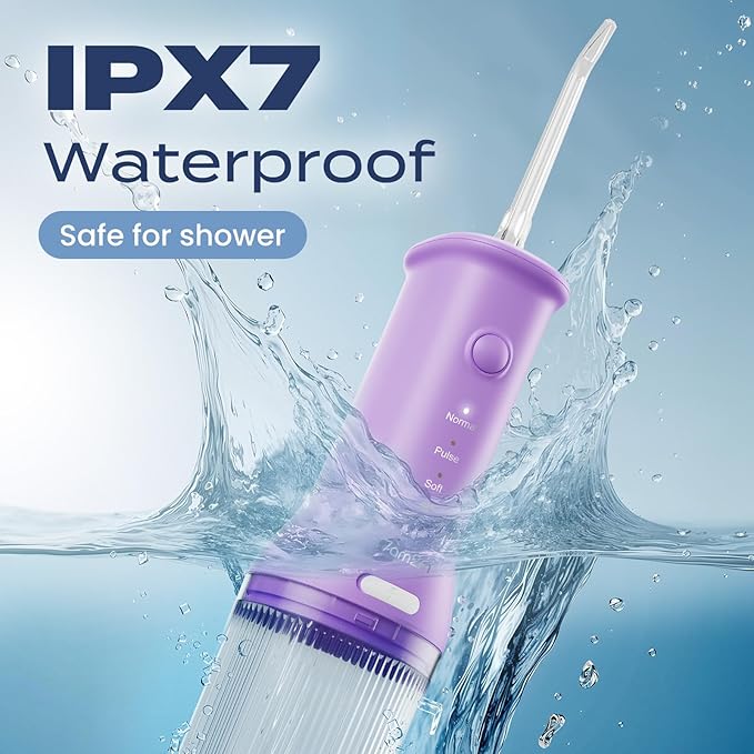 7AM2M Portable Cordless Water Flosser, Oral Irrigator with 3 Modes & 2 Tips, Fast Rechargeable, IPX7 Waterproof, Dental Water Flosser for Travel and Home Use (Purple)