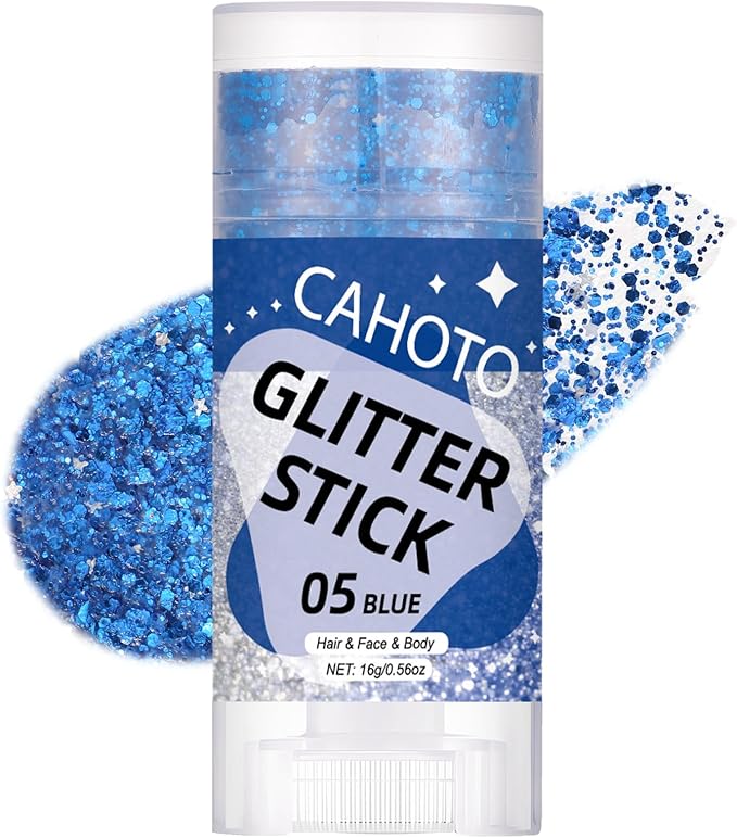 Blue Face Body & Hair Glitter Stick for Singer Concerts Outfit, Shimmer Stick Gel for Women, Sparkling Holographic Chunky Sequins for Rave Festival Halloween Carnival, 0.56oz