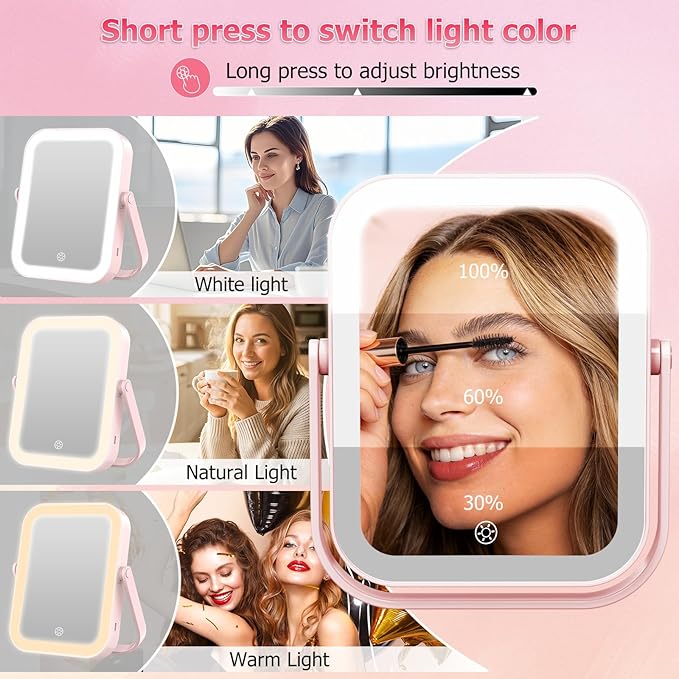 FUNTOUCH 30X/1X Travel Makeup Mirror with Lights, 3000mAh Rechargeable 2-Sided Magnifying Mirror, Portable Vanity Mirror, 3-Color Lighting Dimmable Touch Screen, for Women Gift, Pink
