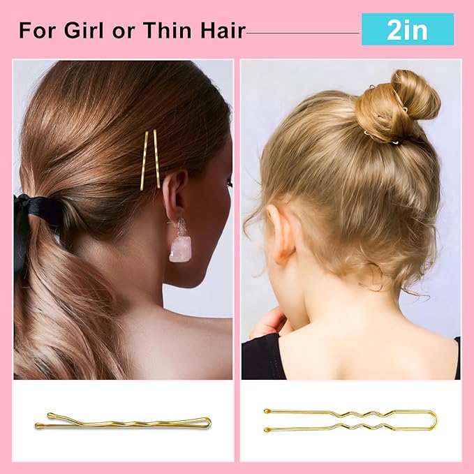 TsMADDTs Hair Pins, Blonde Bobby U Shaped Hair Pins for Women, Buns Nets with Box, 2.4in & 2in