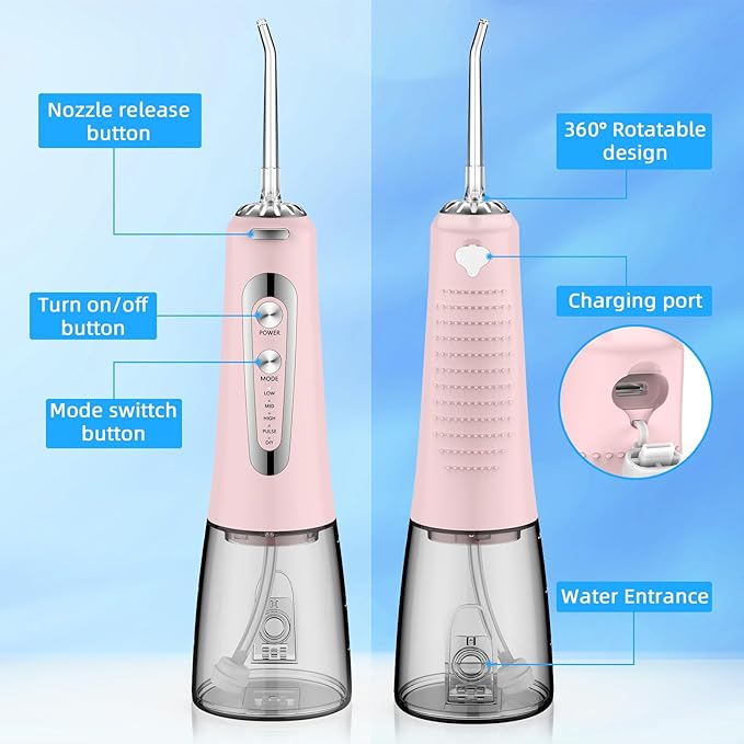 Water Flosser,300ML Water Pulse flossers-5 Modes&6 Replaceable Jet Tips for Teeth Cleaning and Flossing,Rechargeable (Pink)
