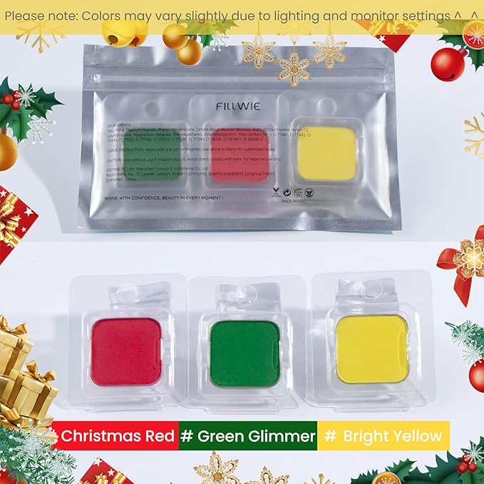 Christmas 3-Color Eyeshadow Trio – Festive Holly Red, Evergreen Green & Golden Yellow, Matte & Shimmer, Highly Pigmented Powder Refills for DIY Custom Magnetic Palette & Holiday Makeup