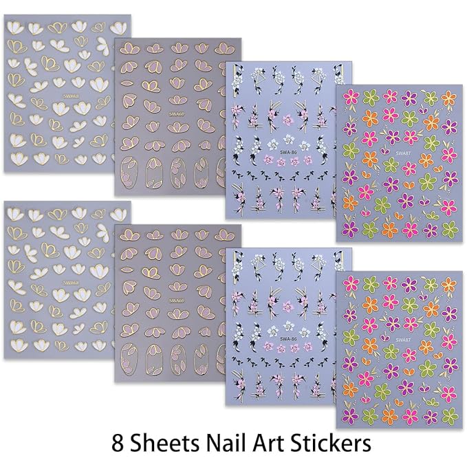 8 Sheets Flowers Nail Art Stickers Decals 3D Self Adhesive Nail Design Spring Summer Flower Nail Decals for Women DIY Manicure Tip Pink Gold Green Purple White Floral Nail Decoration