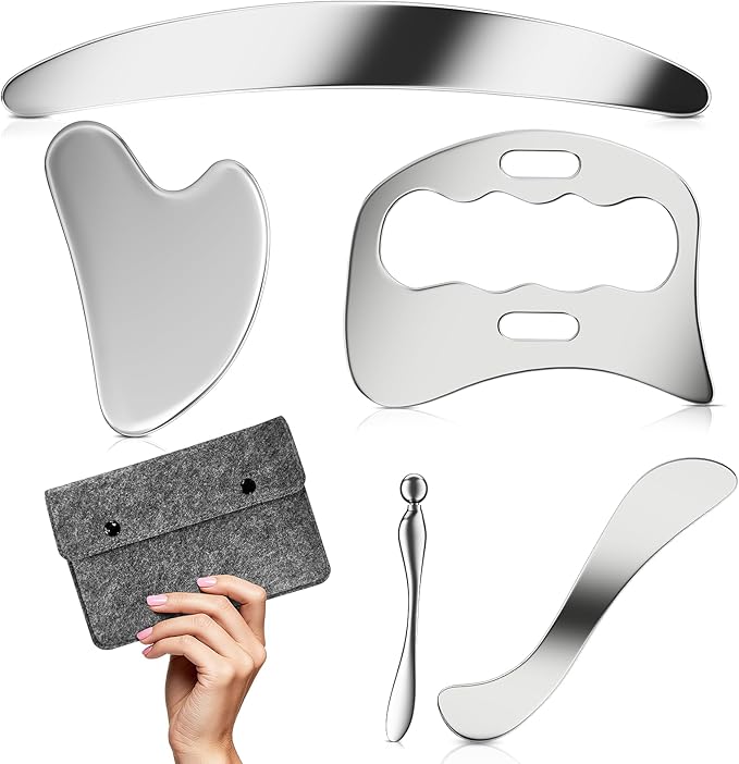 5 in 1 Muscle Scraper Tools Kit - Stainless Steel Gua Sha Massage Tools for Physical Therapy, Derma Edge Scraping for Face & Body, 5 PCS Guasha Set for Deep Tissue & Relaxation（5 PCS） (Grey)