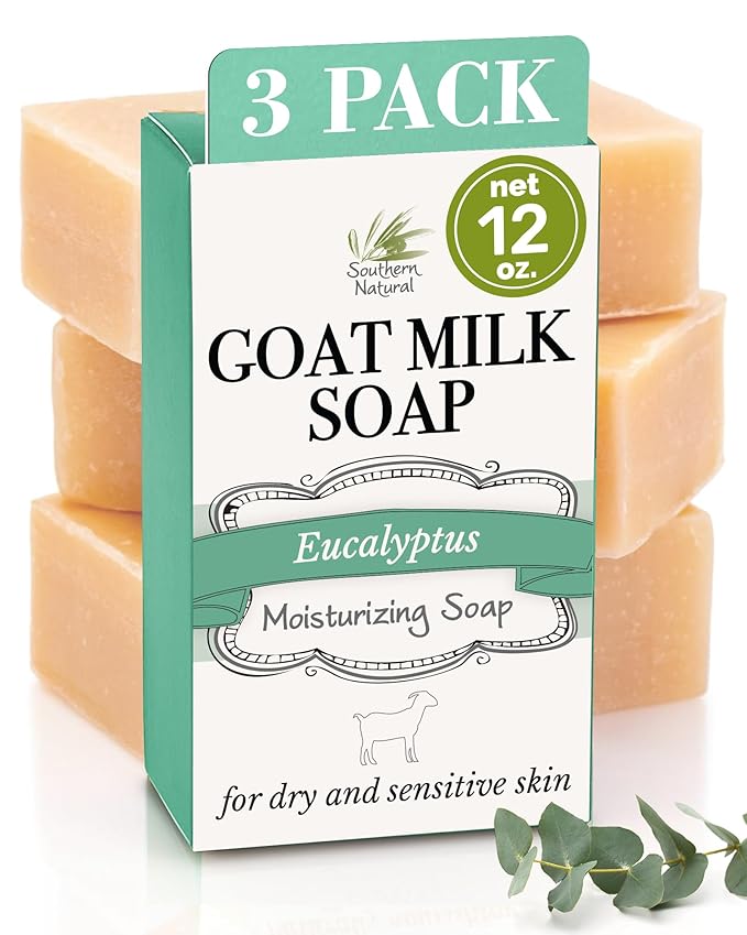 Southern Natural Goat Milk Soap Bar (Eucalyptus 3 Pack) For Dry Sensitive Skin. Natural, Handmade Soap For Men, Women, Kids & Baby. Use On Face & Body