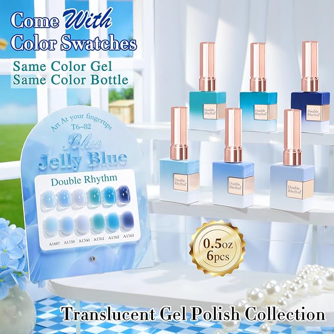 Double Rhythm 6 Pcs 15 ML Gel Polish Set Same Color Same Bottle Soak Off Gel Polish Kit Nail Art Manicure Salon DIY at Home for Women (Jelly Milky Light Dark Blue Navy-T6-82)