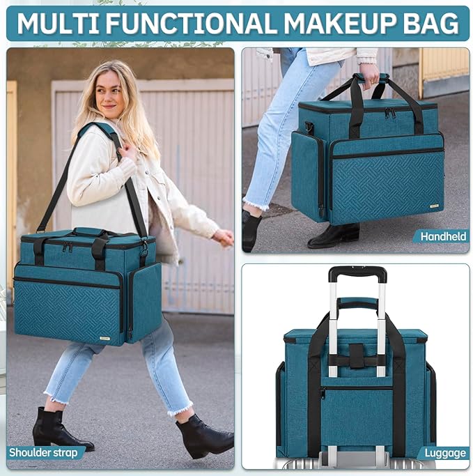 FREEAMG Extra Large Makeup Case with 4 Removable Pouches, Professional Make up Train Case,Travel Cosmetic Bag for Hairstylists Nail Tech Makeup Artist with Shoulder Strap and Handle （Blue）（Bag only）