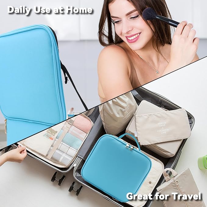 SLUMAZI Travel Makeup Bag with LED Mirror and 10x magnifying glass with 3 Lighted Settings, Adjustable Dividers and Makeup Brush Storage Bag Blue