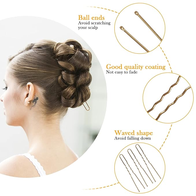 U Shape Bobby Pins in Case - 200pcs Gold Hair Pins Clips Bulk for Women - 2.4" Large Strong Hold Bun Pins for Thick/Curly/Straight Hair - Hair Accessories for Styling, Updos, Wedding, Daily Use