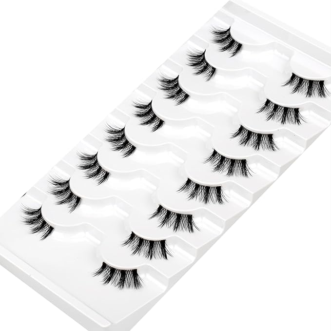 Natural Half Lashes Strips for Nude Makeup Spiky Short Doe-Eye Asian Eyelash Falsies 8 Pairs 3/4 Band Wispy Small Accent Lashes Fairy Wispies Cat Eye Clusters Faux Mink Extensions Fake Eyelashes