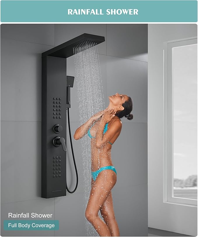 KINKIB Shower Panel Tower System with Rainfall Shower Head, Powerful Body Jets, Matte Black Shower Tower with Handheld Shower and Tub Spout, Stainless Steel Shower Column High Pressure