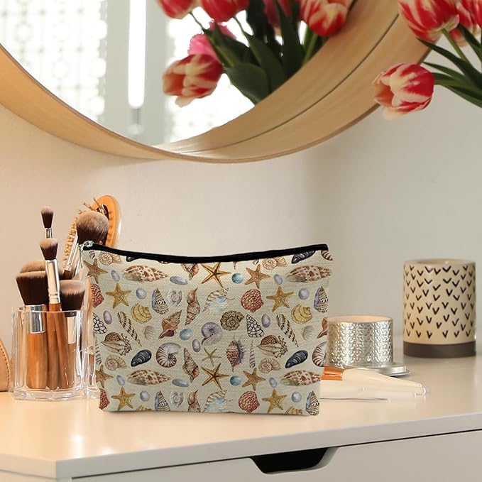 RYYCDOI Costal Beach Makeup Cosmetic Bag for Women - Women's Beach Gifts, Seashell Starfish Beachy Small Makeup Bag Pouch for Purse