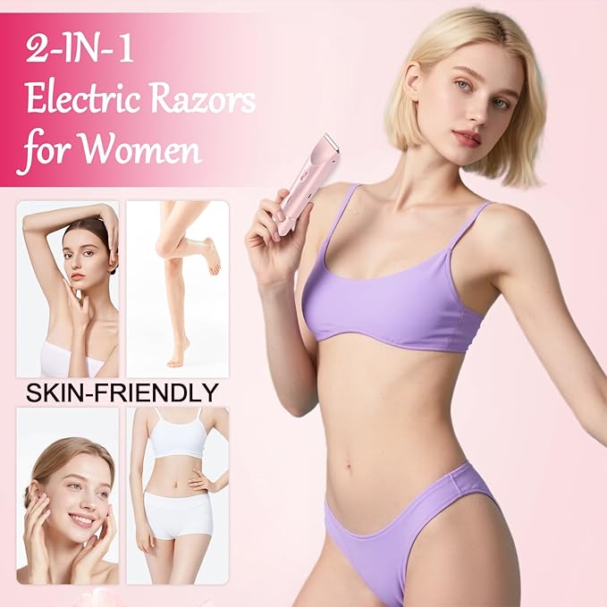 Bikini Trimmer for Women, 2-in-1 Painless Bikini Shaver with Ceramic Blade, Dual-Head Electric Shaver, Ipx7 Waterproof for Shower & Travel, Womens Electric Razor for Armpit Leg Body Facial, Pink