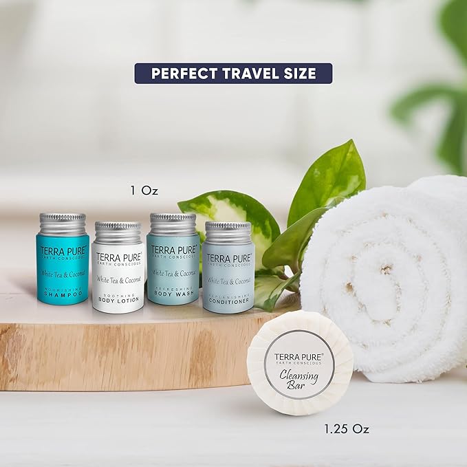 Terra Pure White Tea & Coconut Toiletries Set | 1-Shoppe Amenities Kit | 1oz Shampoo & Conditioner, Body Wash, Lotion, 1.25oz Bar Soap | Travel Size | 150 Pieces