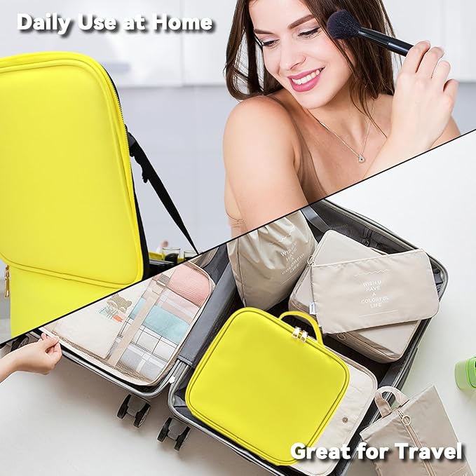 SLUMAZI Travel Makeup Bag with LED Mirror and 10x magnifying glass with 3 Lighted Settings, Adjustable Dividers and Makeup Brush Storage Bag Yellow